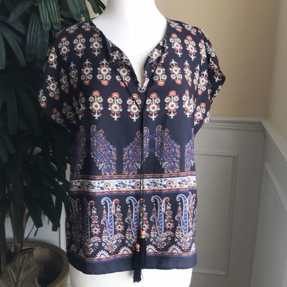 Blue paisley top with tassels Size small
